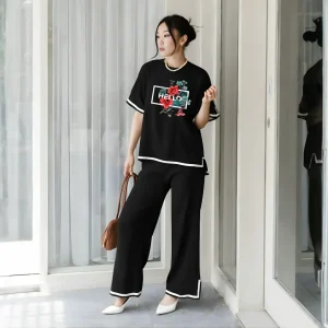 Women Hello Print Side Cutting Co-Ord Set - Black
