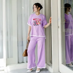 Women Popcorn Print Side Cutting Co-Ord Set – Purple