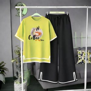 Women Coffee Print Side Cutting Co-Ord Set – olive