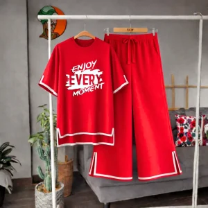 Women ENJOY EVERY Print Side Cutting Co-Ord Set – RED