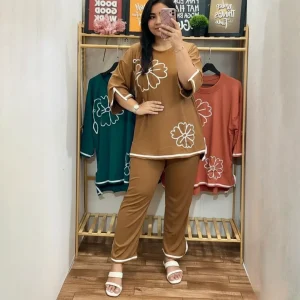 Women Side Cutting FLOWER CORD- SET – BROWN