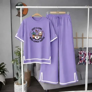Women Who Loves Coffee Print Side Cutting Co-Ord Set – Purple