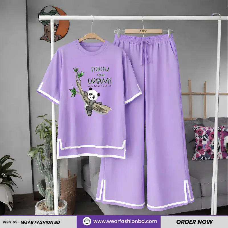 Women Dreams Panda Print Side Cutting Co-Ord Set – Purple
