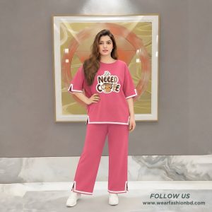 Women Need Coffee Print Side Cutting Co-Ord Set – Pink