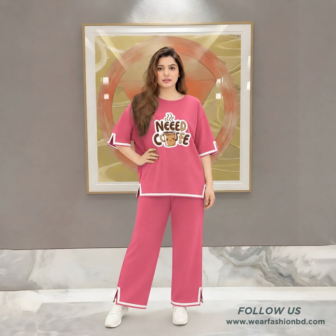 Women Need Coffee Print Side Cutting Co-Ord Set – Pink