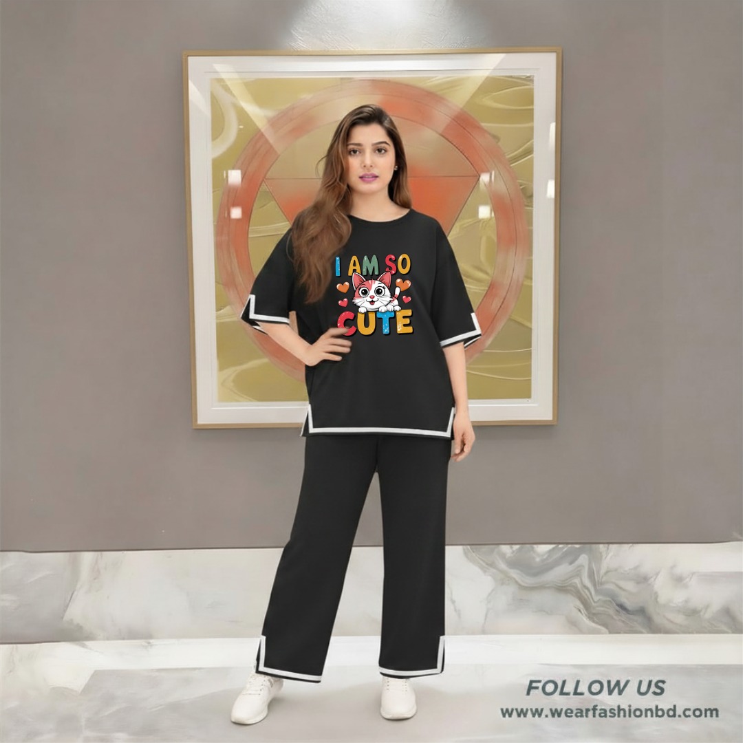 Women I am so cute Print Side Cutting Co-Ord Set – Black
