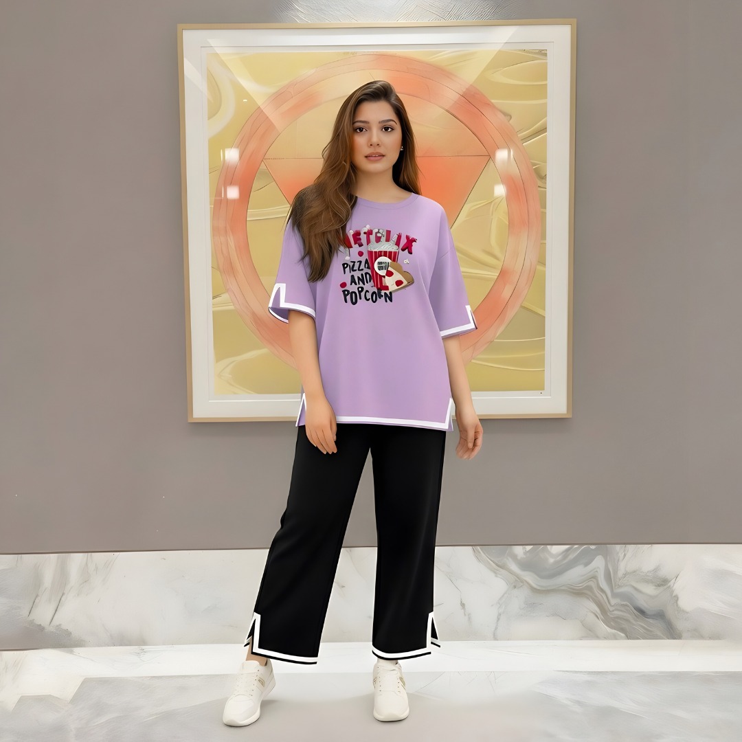 Women Netflix Print Side Cutting Co-Ord Set – Purple