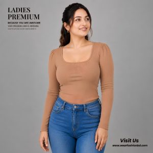 Pleated Fuff Square Neck – Full Sleeve Ribbed blouse brown