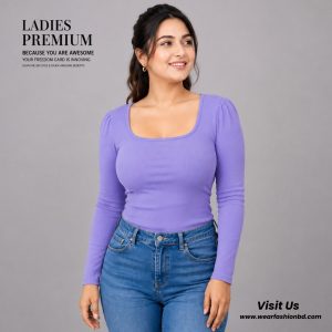 Pleated Fuff Square Neck – Full Sleeve Ribbed blouse Purple