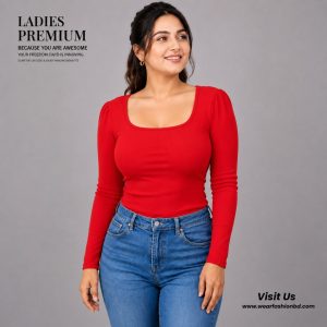 Pleated Fuff Square Neck – Full Sleeve Ribbed blouse Red