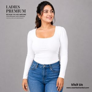 Pleated Fuff Square Neck – Full Sleeve Ribbed blouse White