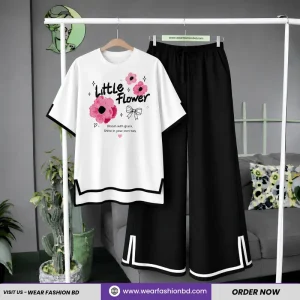Women Little Flower Print Side Cutting Co-Ord Set – White with Black Pant