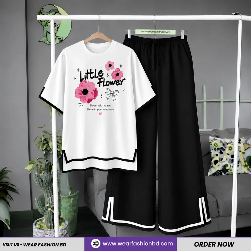 Women Little Flower Print Side Cutting Co-Ord Set – White with Black Pant